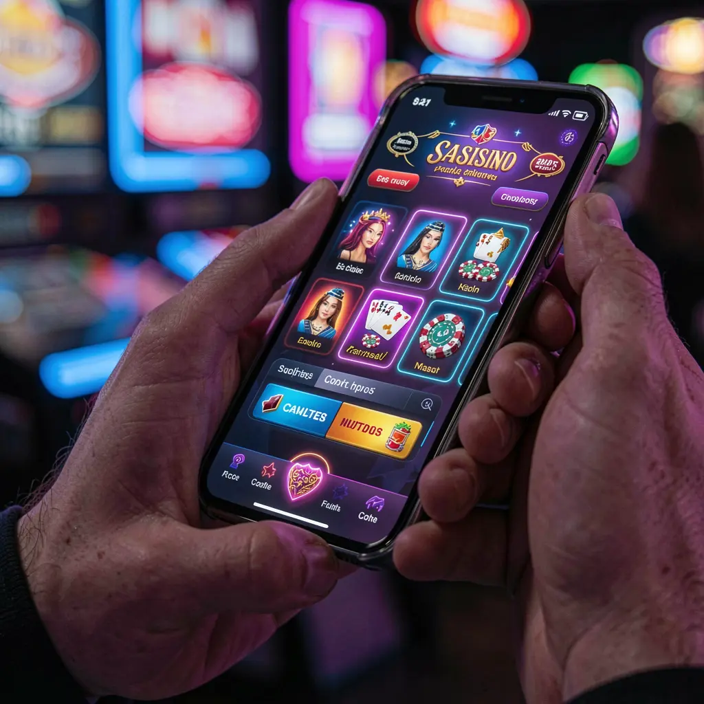 Stylish casino app interface on a smartphone with live games and slots in a vibrant city nightlife setting representing 44BR mobile gaming for Brazil