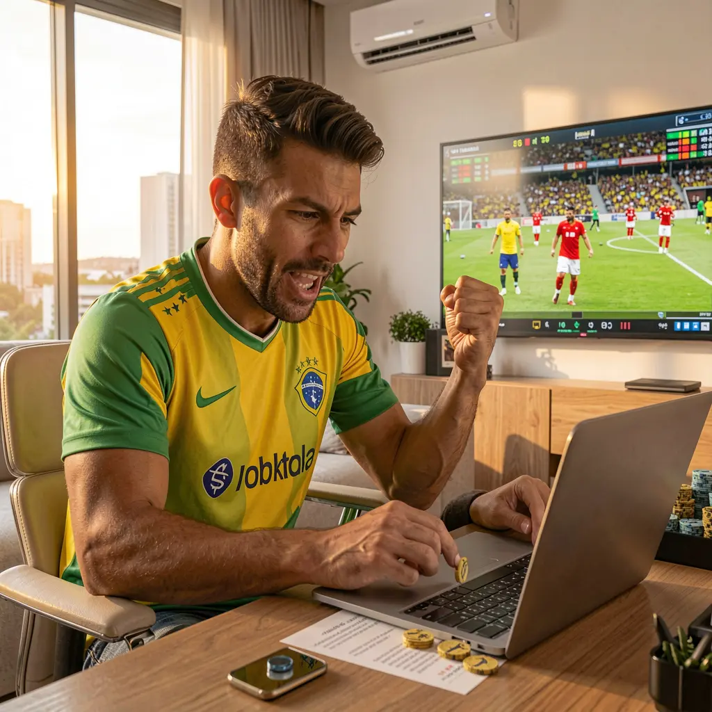 Joyful Brazilian bettor celebrating a winning moment while placing live sports bets on a laptop with 44BR, watching a soccer match on TV