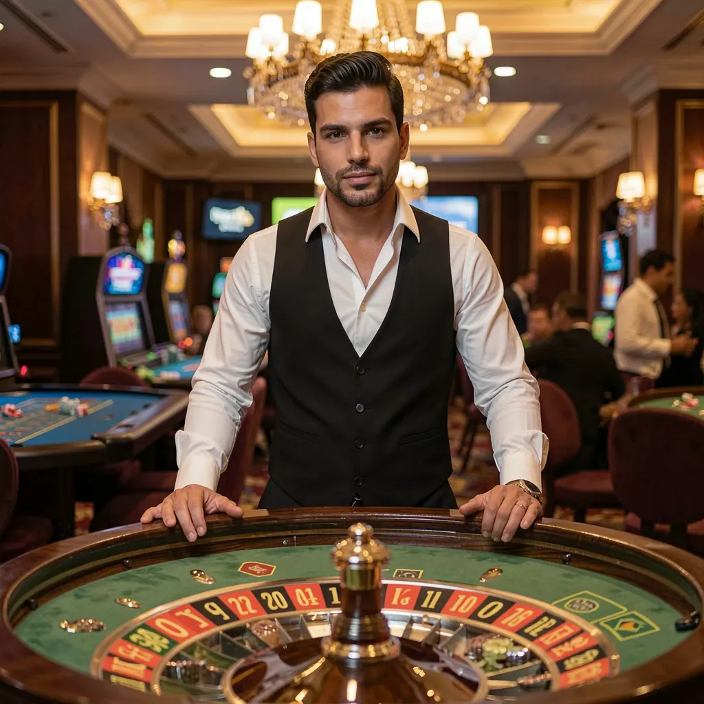 Confident live casino dealer at a glowing roulette table with luxury lights, representing the premium live gaming atmosphere of 44BR for players in Brazil