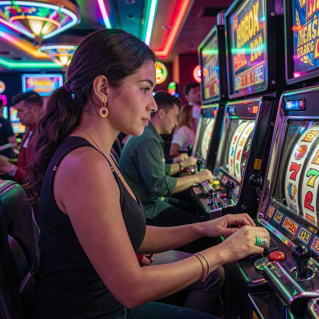 Focused Brazilian woman enjoying modern slot machines with colorful lights at 44BR casino creating an immersive gaming experience